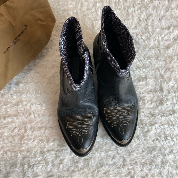 NEW Golden Goose Young Leather Western Bootie with Bandana Trim in Black - Picture 3 of 16